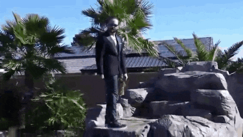 a man in a suit and tie is standing on top of a large rock .