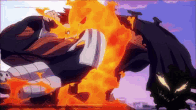 a cartoon character is being attacked by a monster with flames coming out of it 's mouth .