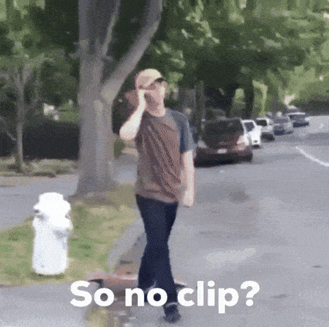 a man talking on a cell phone while walking down the street with the words so no clip below him