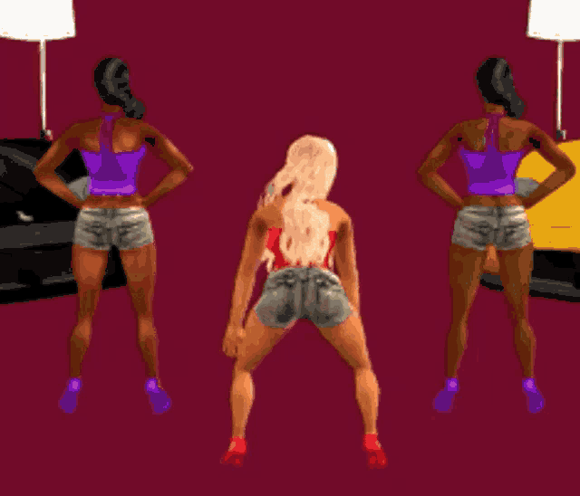 a cartoon of a woman in shorts and a purple top