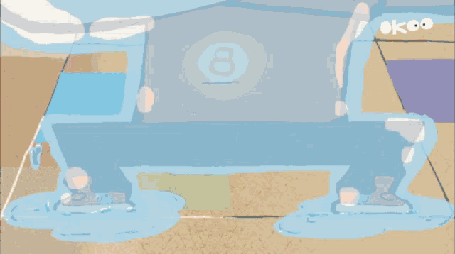 a cartoon of a boy standing next to a water cooler