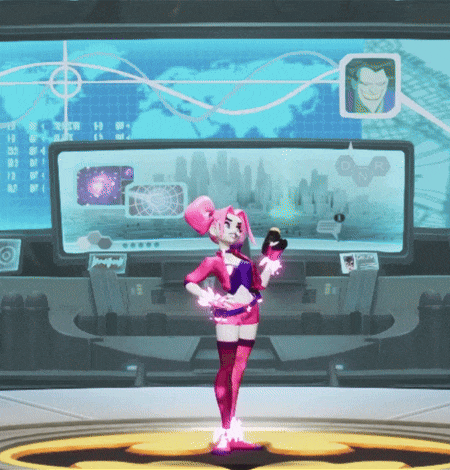 a cartoon character with pink hair and a blue shirt
