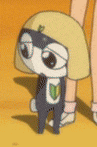 a cartoon character wearing a helmet and glasses is standing next to a person
