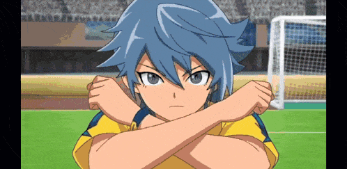 a cartoon character with blue hair and a yellow shirt is crossing his arms