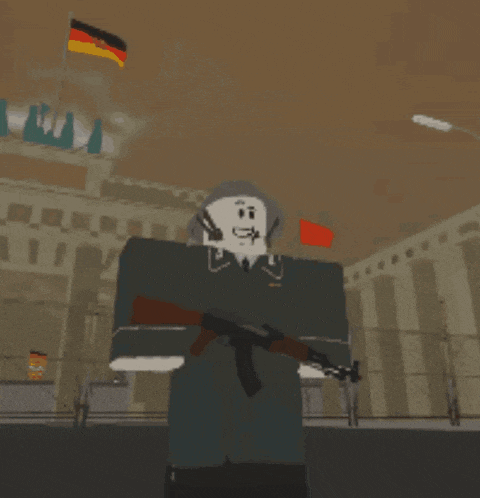 a cartoon character is holding a gun in front of a german flag