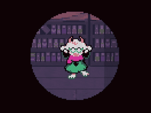 a pixel art of a cat standing in front of a bookshelf