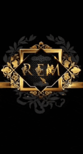 a black and gold logo that says rem in a square