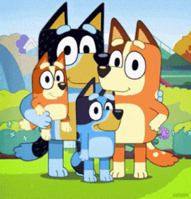 a group of cartoon dogs standing next to each other in a field