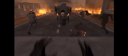 a video game scene with a man in a cage