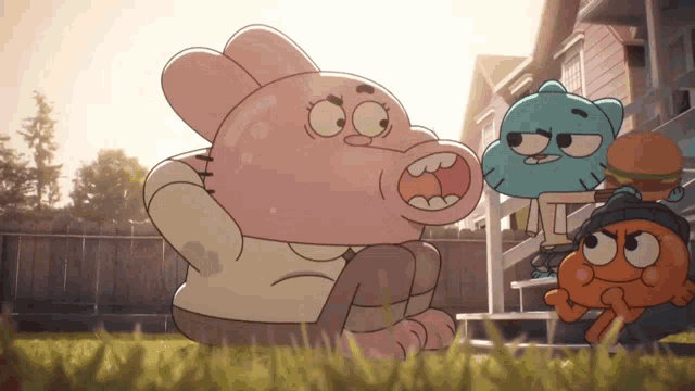 a group of cartoon characters are sitting in the grass