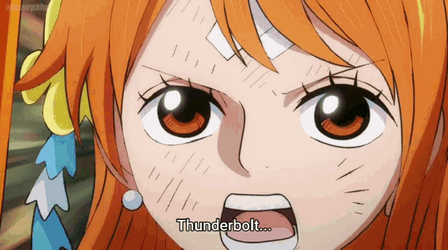 a close up of a cartoon character with the words thunderbolt written on her face