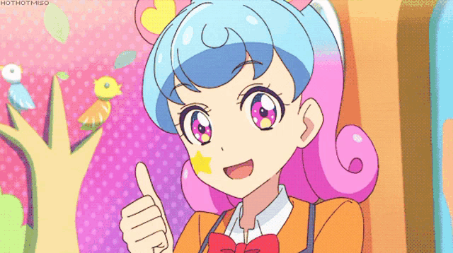 a cartoon girl is giving a thumbs up sign