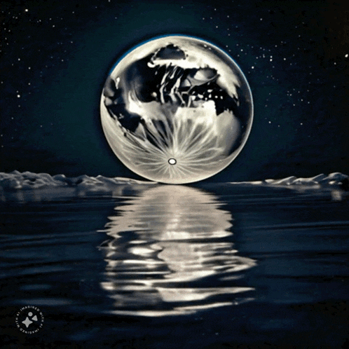 a painting of a full moon with a reflection of it in the water