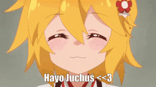 a cartoon girl with yellow hair and a flower in her hair is smiling and says hayo juchus < 3