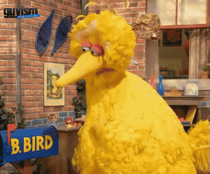 big bird from sesame street standing in front of a mailbox that says b. bird