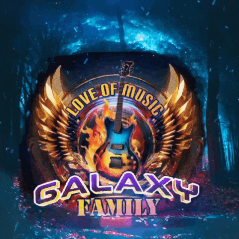 a logo for the galaxy family with a guitar in the center