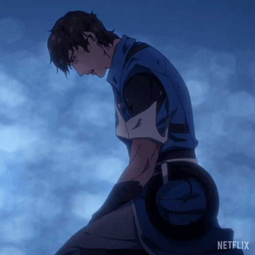 a man in a blue shirt is kneeling down in front of a cloudy sky with netflix written on the bottom right