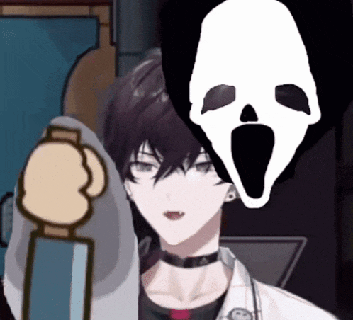a boy with a scream mask on his face