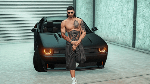a shirtless man with a tattoo on his chest stands in front of a black car