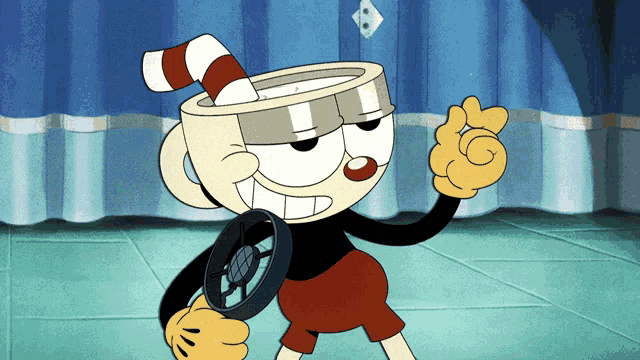 a cartoon character named cuphead is holding a steering wheel and pointing