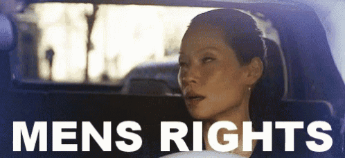 a woman is sitting in the back seat of a car with the words men 's rights written above her