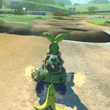a video game character with a banana on its head is driving a green vehicle