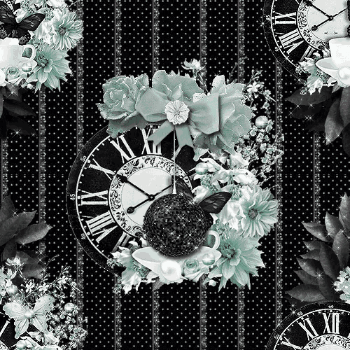 a black and white clock with roman numerals and flowers on a black background