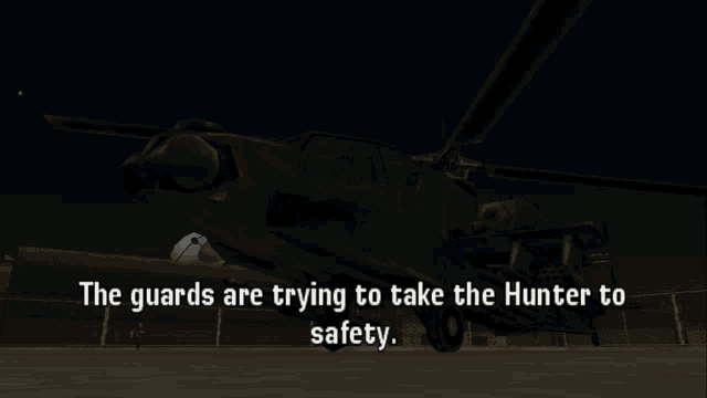 the guards are trying to take the hunter to safety on a dark background