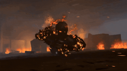 a robot is surrounded by flames and smoke in a dark room