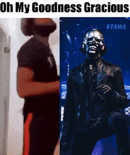 a picture of a man next to a picture of a man with a skull on his face and the words oh my goodness gracious