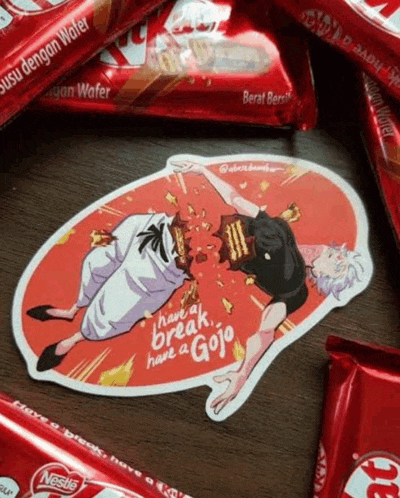 a sticker that says have a break have a gojo is surrounded by nestle kitkat bars