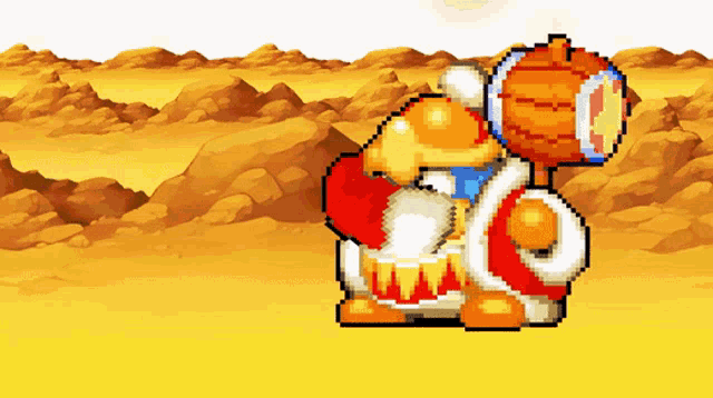 a pixel art drawing of a cartoon character in a desert setting