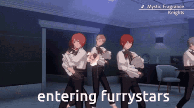 a group of anime characters are dancing in a room with the words entering furrystars written on the bottom