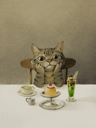 a painting of a cat sitting at a table with desserts and a cup of tea