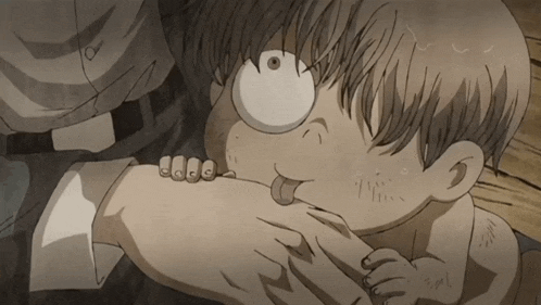 a cartoon drawing of a child licking another child 's foot
