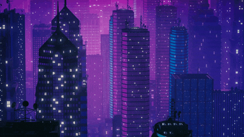 a futuristic city at night with purple lights and people on top of buildings