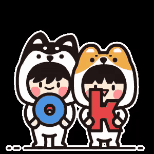 a boy and a girl in dog costumes are holding a red letter k