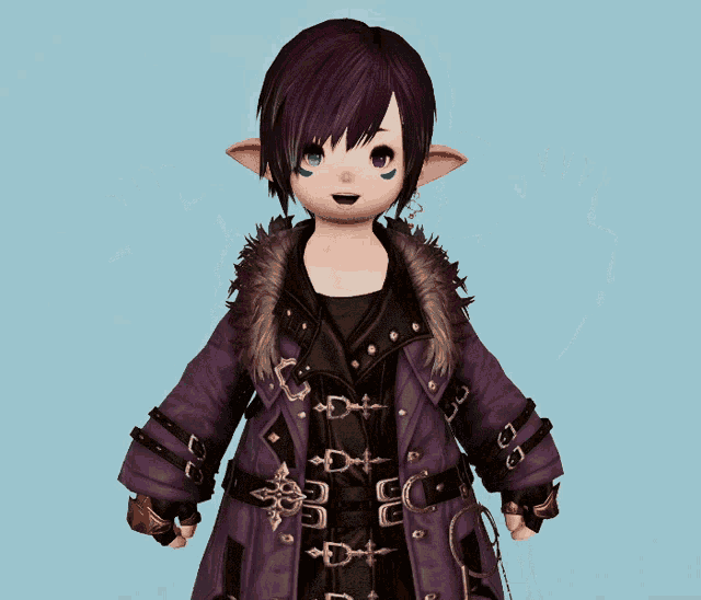 a little girl with purple hair is wearing a purple jacket