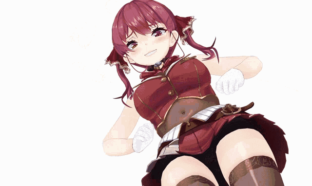 a girl in a red dress and brown stockings is standing on a white background