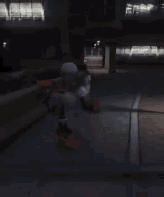 a cartoon character is standing on a brick sidewalk .