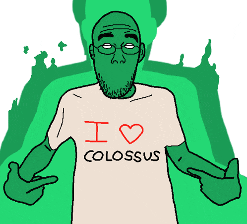 a cartoon of a man wearing an i love colossus shirt