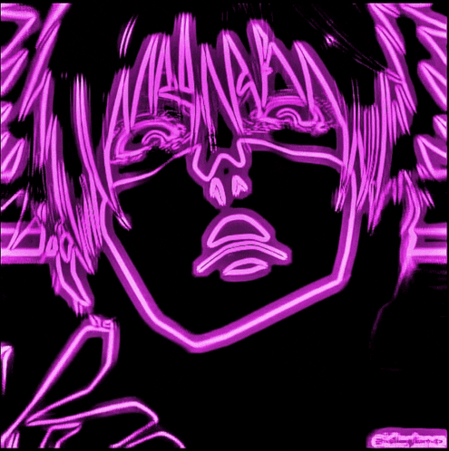 a drawing of a girl 's face with purple lights coming out of her eyes .