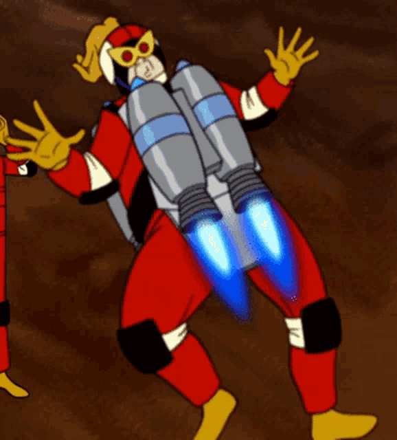 a cartoon character is wearing a jetpack and flying through the air