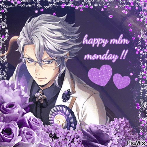 a picture of a man with purple flowers and the words happy monday written on it