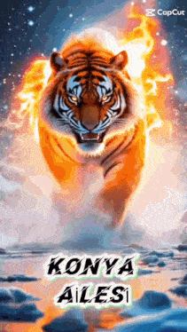 a painting of a tiger with the words konya ailesi on the bottom