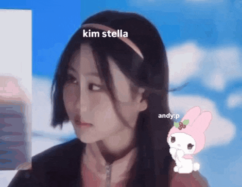 a girl with a headband on her head is standing next to a pink bunny and says kim stella .