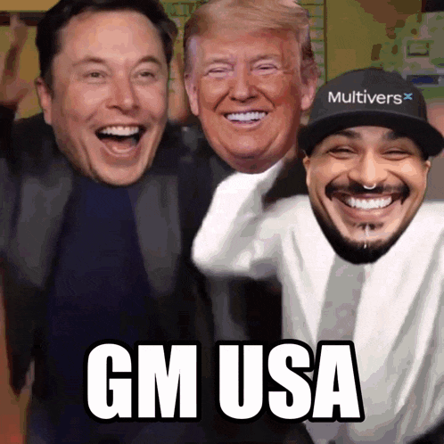 elon musk donald trump and a man wearing a hat that says multiverse