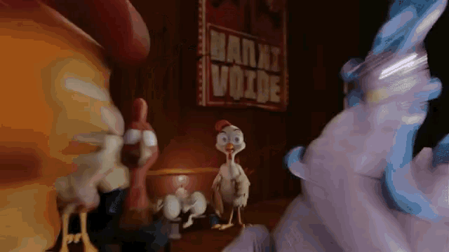 a group of cartoon characters are dancing in front of a sign that says malax voice