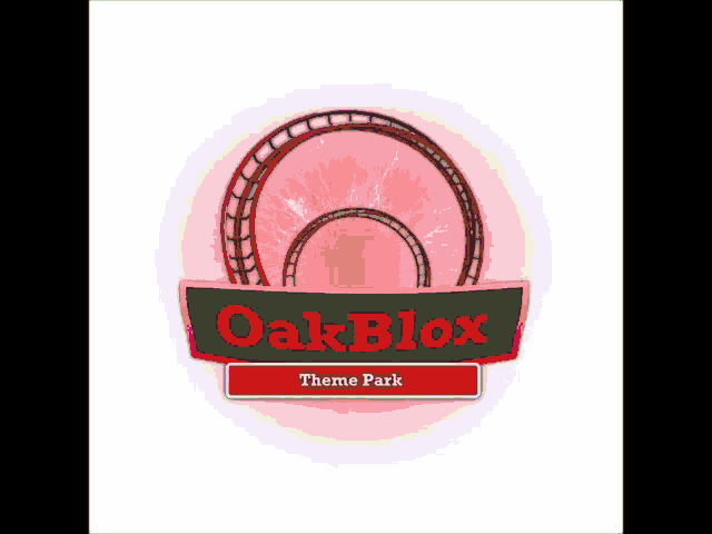 a logo for oak blox theme park with a roller coaster on it