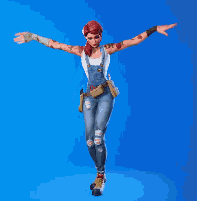 a video game character with red hair and tattoos is dancing on a blue background